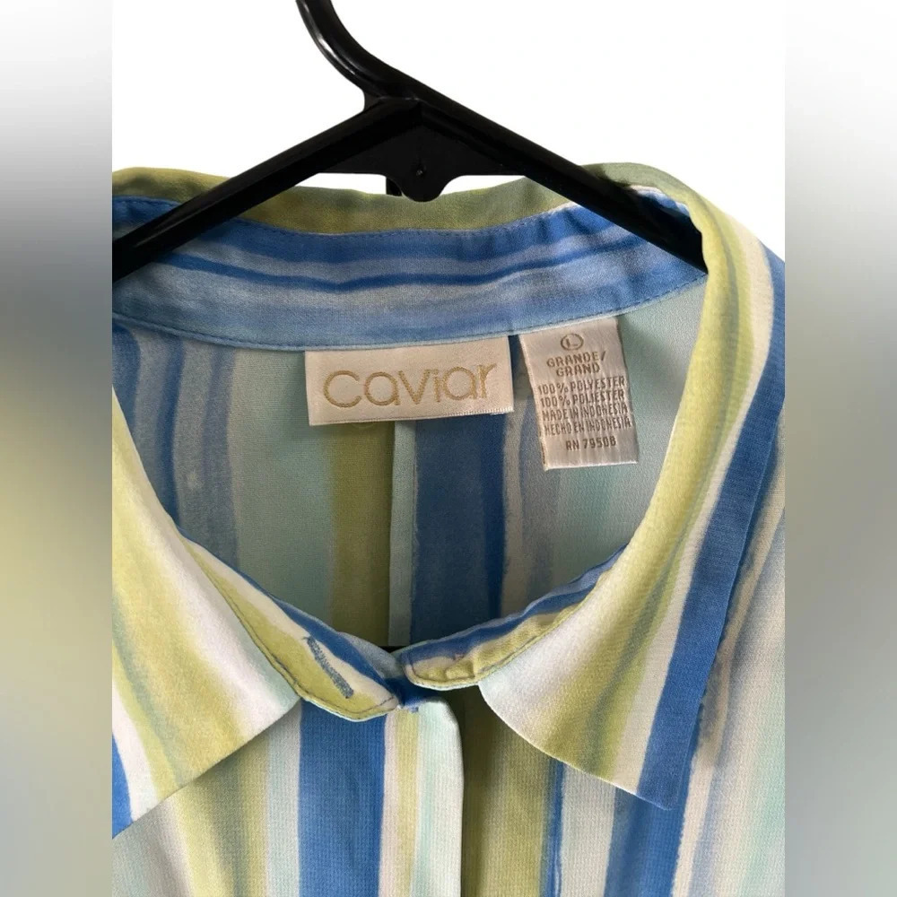 Blue and green striped button down blouse - Picture 2 of 4